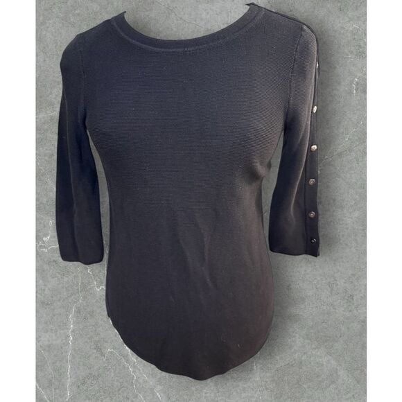 Talbots Textured Knit Top Sz. Sm. Black 3/4 Sleeves W/ Buttons - Picture 2 of 12